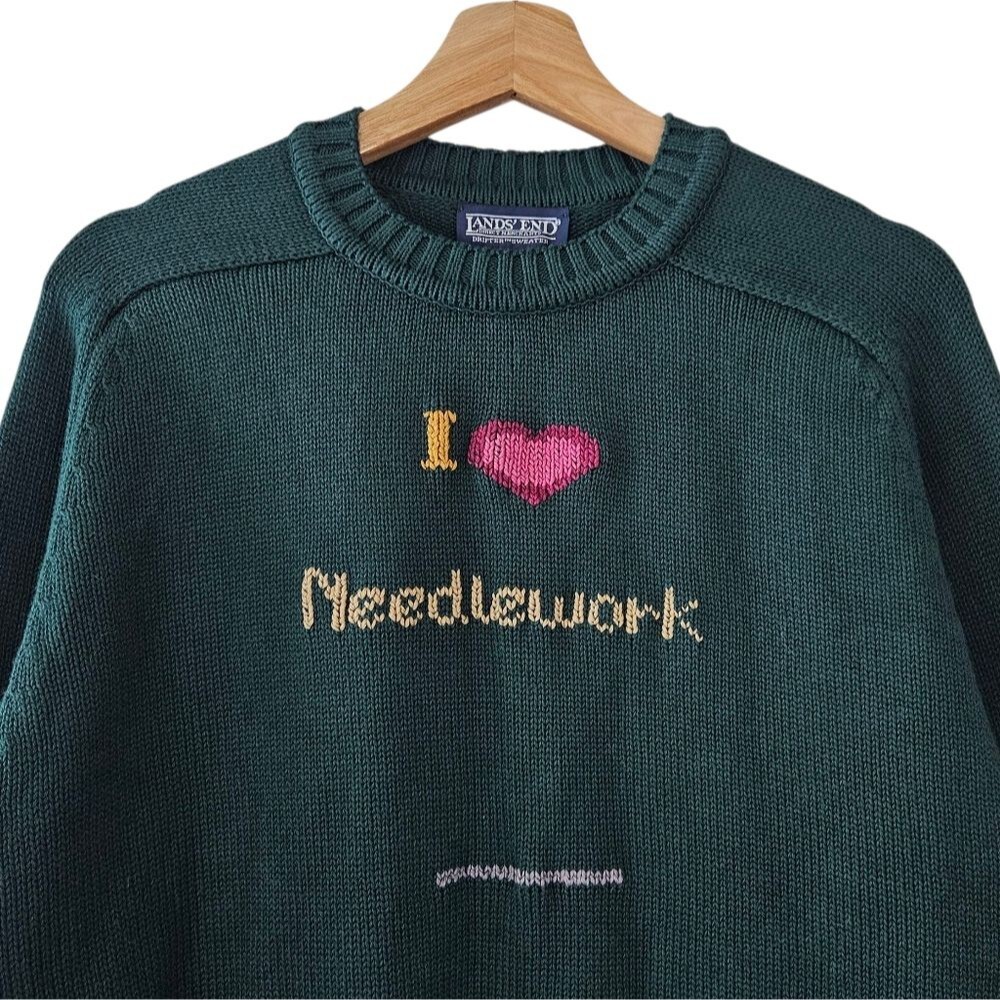 Lands End Hunter Green Drifter Sweater Needlework Sew Lover Size Medium - Picture 3 of 4